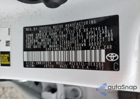 2022 Toyota Corolla Se from USA, damaged, VIN 5YFS4MCE1NP137800